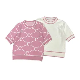 Ny vårdesigner runda -hals cardigan stickad skjorta rosa t -shirt bokstav kontrast jacquard rosa temperament kort ärm stora märken tröja