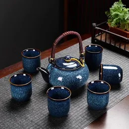 Teaware Sets Household Ceramic Kiln Transformation Wire Drawing Process Lifting Beam Teapot Tea Cup 7pcs Set Gift
