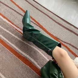 Sapatos de vestido Slope Heel Coxa Botas Altas Verde Apontou Toe Genuíno Couro Largo Moda Mulheres Zapatos Para Mujeres Tamanho Grande