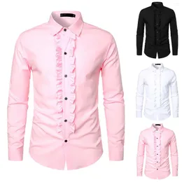 Men's Casual Shirts Mens Ruffle Tuxedo Dress 2024 Brand Slim Fit Long Sleeve Stand Collar Shirt Men Prom Performing Wedding Chemise Homme