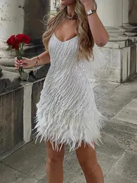 Kvinnor Sling Sequined Evening Dress Luxury Sleeveless V Neck Tassels Feather Club Party Summer Short Vestidos Para Mujer 240219
