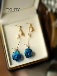 FXLRY handgemachte natürliche Perle konservierte blaue Rose Blume Vintage Ohrringe für Frauen Schmuck baumeln Kronleuchter1446085