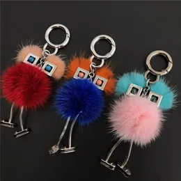Genuine Real Fur Chick Monster Robot Doll Toy Charm Fur Pompom Ball Bag Charm Key Chain Keyring bag car phone Accessories211Y