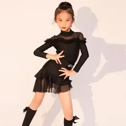 Stage Wear 2024 Autunno/Inverno nero vestito da ballo latino per ragazze e bambini, edizione avanzata, set per spettacoli di allenamento