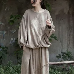 Hoodie Johnature Women Vintage Lantern Sleeve And Tees O-Neck Loose Solid Color Cotton Linen Clothes 2023 Autumn New T-Shirts