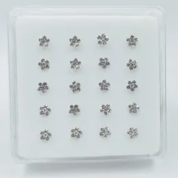 Jewelry 925 Sterling Silver Nose Stud Clear Crystal Flower Nose Pin Bone Fashion Body Piercing Nostril Jewelry For women 20Pcs/Pack