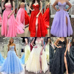 Ruffles Tulle Prom Dress 2k24 Leaf Lace Corset Bodice Lady Pageant Winter Formal Cocktail Party Gown Red Carpet Runway Drama Black-Tie Gala Special Occasion High Slit