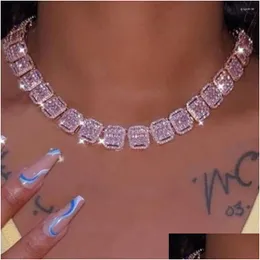 Kedjor 1m isad Baguette Pink Tennis Chain Necklace Armband för kvinnor Män asfalterade Bling Square Crystal Link Halsband Hip Hop Jewe DHGVZ