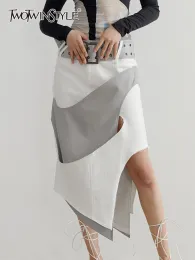 skirt TWOTWINSTYLE Spliced Belt Skirts For Women High Waist Hit Color Irregular Hem Loose Skirt Female Fashion Clothing Summer 2023