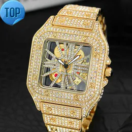 MISSFOX V324A Hip Hop Hollow Out Square Watch For Men Full Diamond Gold Mens Relógios Relógio de pulso de quartzo à prova d'água