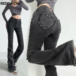 Джинсы REDDACHiC Grunge Y2k Уличная одежда Эластичные расклешенные джинсы Женские серые брюки с сердечком и высокой талией Тонкие готические женские брюки в стиле Харадзюку