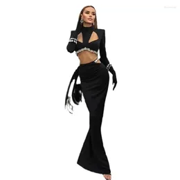 Vestidos casuais 2024 moda sexy mulheres longo bandagem vestido preto de malha diamantes 2 peças conjunto celebridade nightclub maxi oco out