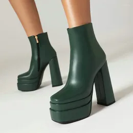 Boots 2024 Fashion Women Ankle Platform 14cm Square High Heel Punk Zipper Autumn Winter Short Ladies Shoes