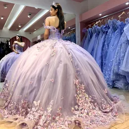 Meksika Lavanta Quinceanera Elbiseler Balo elbisesi boncuklu dantel aplikler yay tatlı 16 elbise prenses dantel yukarı vestido de 15 anos