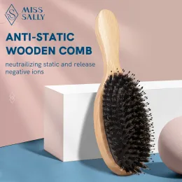 Strumenti Miss Sally Spazzola per capelli in legno Pettine antistatico per massaggio del cuoio capelluto con setole di cinghiale Pettine a cuscino d'aria per donne Uomini Capelli bagnati e asciutti