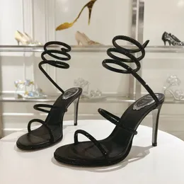 Rene Caovilla Damen-Sandalen, Kristalle, verzierte Strass-Absätze, 9,5 cm, hochwertige Designer-Knöchel-umlaufende Damen-Sandalen mit hohen Absätzen, Strass-Schuhe mit Box