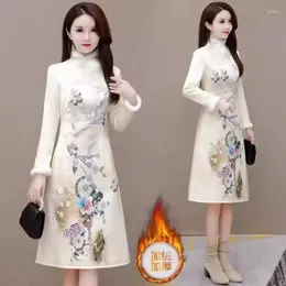 Casual Dresses 2024 Qipao Autumn/Winter Women Woolen Art Retro Ancient Style Coat Fashion Dress Female Korean Version Slim Top