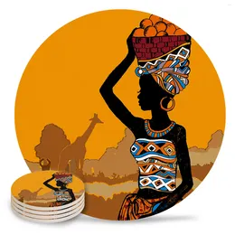 Tapetes de mesa Africano Mulher Negra Girafa Conjunto de Cerâmica Cozinha Rodada Placemat Decoração de Luxo Café Chá Cup Coasters