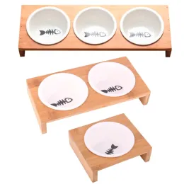 Alimentadores elevados para animais de estimação, tigela elevada para cães e gatos, suporte de bambu sólido, cerâmica, tigela de alimentação para gatos, filhotes, alta qualidade, anti-derrapante para animais de estimação