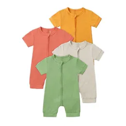 Strampler Weiche Bambusfaser Baby Reißverschluss Strampler Sommer Kurzarm Junge Mädchen Kleidung Neugeborene Onesies Overall Mädchen Pyjamas Drop Deliver DHN63