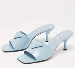 Damen-Sandalen aus gebürstetem Leder mit Absatz, blaue High-Heel-Schuhe, Logo-Pantoletten-Sandalen, Luxus-Schuhe, offene Zehenpartie, Strandkleid, Flip-Flop-Designer-Sandale mit Box