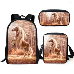 Backpack Cartoon Novelty White Horse 3D Print 3pcs/Set Pupil School Bags Laptop Daypack Inclined Shoulder Bag Pencil Case