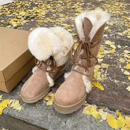 Boots varumärkesdesign Brown Round Toe Botas de Invierno Para Mujer Termicas Cross-bundna snörning Buty Zimowe Damskie Flock damskor