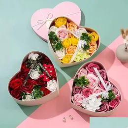 Decorative Flowers & Wreaths Valentines Day Soap Flower Heart-Shaped Rose Flowers And Box Bouquet Wedding Decoration Gift Festival Dro Dhvia