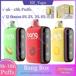 Original Bang Box 9000 18000 Puffs elektronischer Zigarettenvolder Stift 28ml Einweg -Artikel ElfWorld 650mAh wiederaufladbarer Akku -C -Maschenspulen 12 Aromen verfügbar 9k 18k