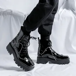 Boots Men Luxury Fashion Patent Leather Brand Designer Shoes Party Nightclub Dress Platform Chunky Boot High Motorcycle Botas