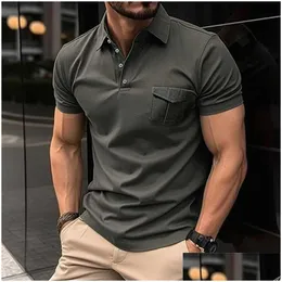 Mäns t-shirts Mens T-shirts Casual Solid Sticked Shirts Men Classic Turn-Down Collar Button-Up Plover Tees for Clothes Summer Short S DHSBA