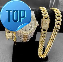 2023 Most Popular Diamond Set Cuban Chain Bracelet Set Sparkling Jewelry Set Men Quartz Watch Hip Hop