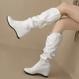 Boots Plus Size 34-43 Leisure V-shape Opening Mid-calf Ladies Wedge Height Increasing High Heels White Black Shoes