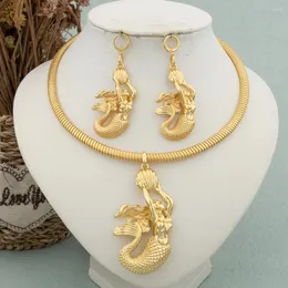 Halsbandörhängen Set Dubai African Jewelry for Women Gold Plated Mermaid med Shell Pendant Copper Design Chain Fashion
