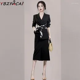 Work Dresses Fall High Quality Skirt Suit Lady Print Slim Long Sleeve Luxury Jacket Midi 2 Piece Korean Fashion Black Blazer Women