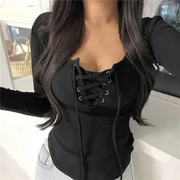 كوري جديد مثير صدر ضمادة Tee Top Womens V-neck ضيق طويل الأكمام الأكمام الأزياء الأزياء Y2K قميص الخريف القميص الأساسي 240227