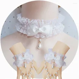 Fontes de festa handmake lolita menina kc bowknot pérola pingente renda mão manga pulseira colar feminino acessórios noiva ornamentos