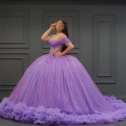 Sparkly Lilac Floral Quinceanera Dresses Ball Off the Shoulder Applique Tulle Tiered Prom Dress Party Gowns For 16 Sweet Girls