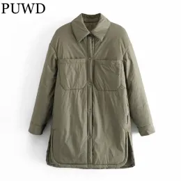 Parka PUWD Giacca da donna in cotone verde 2021 Moda invernale da donna Casual Oversize Parka lungo femminile Solido monopetto Capispalla