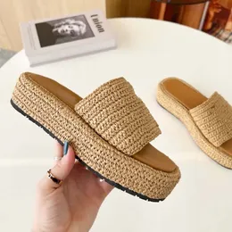 Triangle Straw Crochet platform slip-on sandal prad tazz Slipper Designer shoe for Woman Mule loafers sandale Sliders raffia fabric luxury sandals man beach Slide