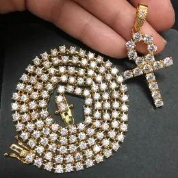 Złoty srebrny kolor platowany mrożony cyrkon Ankh Cross Cross Naszyjnik z zestawem łańcucha tenisowego Men Hip Hop Jewelry258Q