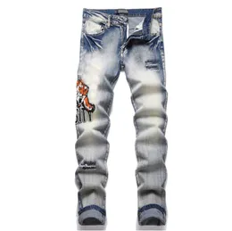 Pantaloni da uomo firmati High Street Hole Patch Pantaloni da donna con pannello ricamato tigre Pantaloni elasticizzati slim fit