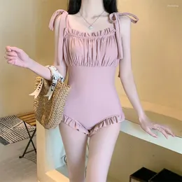 Kvinnors badkläder Wisuwore One Pieces Swimsuit 2024 Kvinnor Monokini Pink Pleated Push Up Student Bading Suit Seming Swimming Wear