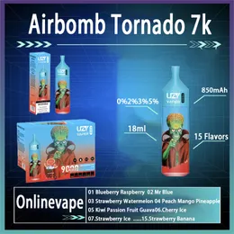 Оригинальная Airbomb Tornado 7000 Puff Одноразовая электронная сигарета 650 мАч Перезаряжаемая батарея 14 мл Pod 10 Flavors Puff 7K Набор Vape Pen Съемный