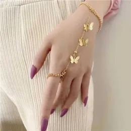 Chain Boho Butterfly Slave Bracelet Ladies One-Piece Gold Color Chain Finger Ring Bracelet Women Girls Summer Beach Jewelry 2024227