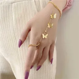 Kette Boho Schmetterling Sklavenarmband Damen Einteilige Goldfarbe Kette Fingerring Armband Frauen Mädchen Sommer Strand Schmuck 2024227