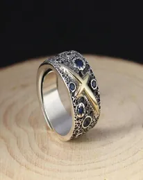 Real s925 prata cor de ouro cruz anel masculino qualidade superior thai prata azul estrelado retro aberto anel presente aniversário jóias whole7568019