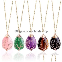 Pendant Necklaces Reiki Healing Stone Necklace Tree Of Life Wire Wrapped Teardrop Crystals Pendant Necklaces Natural Quartz Gemstone C Dhku0