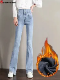 Jeans Winter Warm Flare Jeans Women High Waist Denim Pant Korean Fashion Thick Vaqueros Plus Velvet Skinny Trousers Button New Jeansy