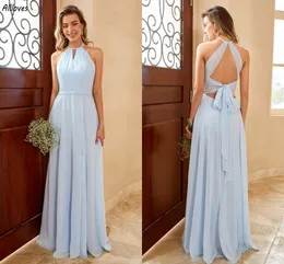 Light Sky Blue Chiffon A Line Briesmaid Dresses Charming Halter Sleeveless Spring Summer Wedding Guest Party Gowns Floor Length Simple Maid Of Honor Dress CL3331